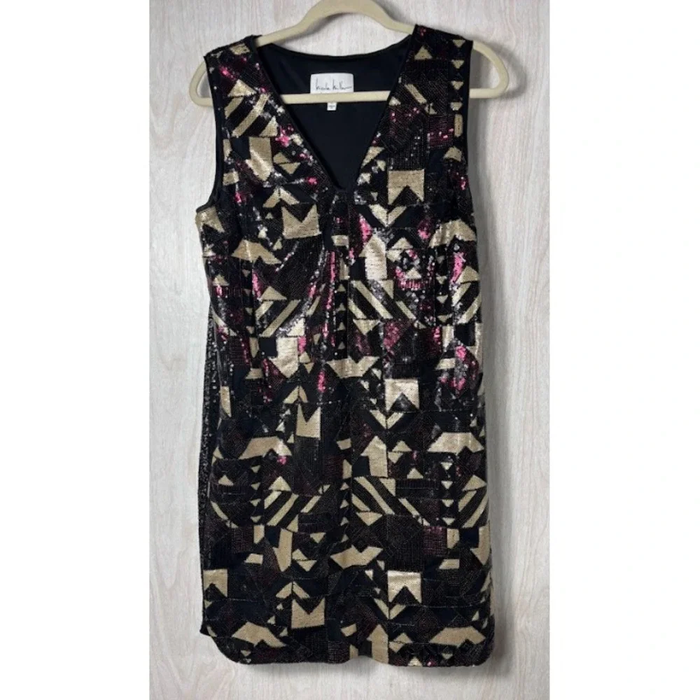 Nicole Miller Sequin Cocktail Dress‎ Womens 12 Black V Neck Evening Party Glam